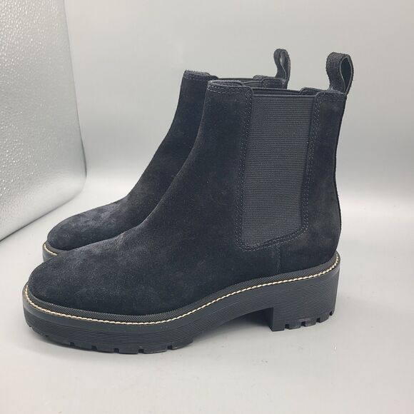 TORY BURCH Chelsea women boots black leather Suede lug sole size 6.5 New $378 - Picture 4 of 10